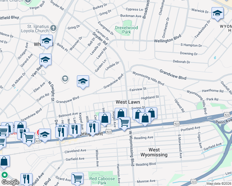 map of restaurants, bars, coffee shops, grocery stores, and more near 2326 Fairview Street in West Lawn