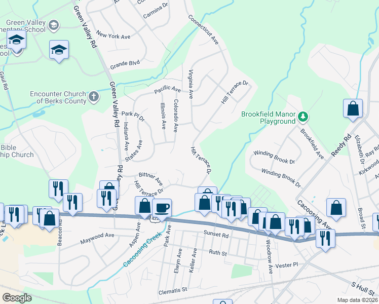 map of restaurants, bars, coffee shops, grocery stores, and more near 4189 Hill Terrace Drive in Sinking Spring