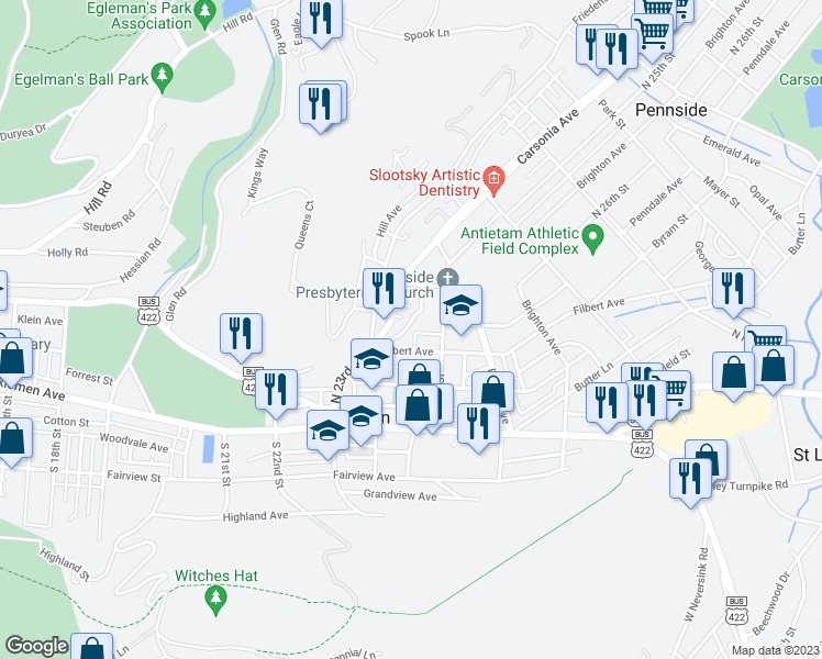 map of restaurants, bars, coffee shops, grocery stores, and more near 2451 Filbert Avenue in Mount Penn