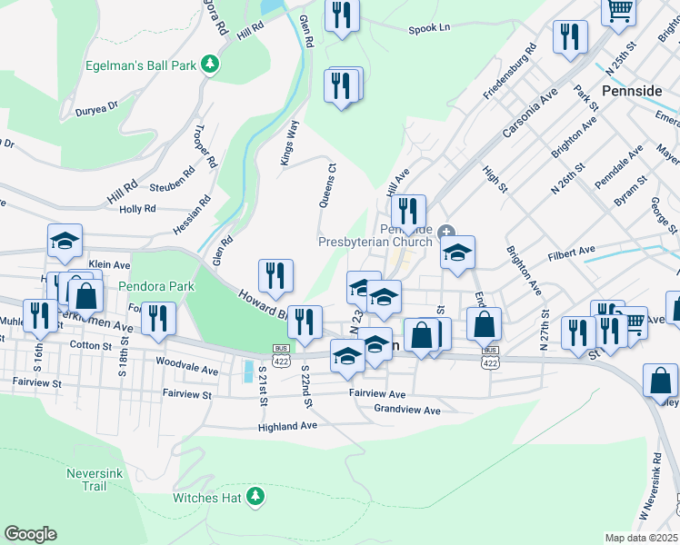 map of restaurants, bars, coffee shops, grocery stores, and more near 212 Summit Avenue in Reading