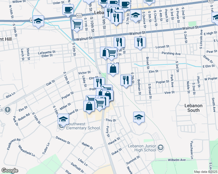 map of restaurants, bars, coffee shops, grocery stores, and more near 605 South 8th Street in Lebanon