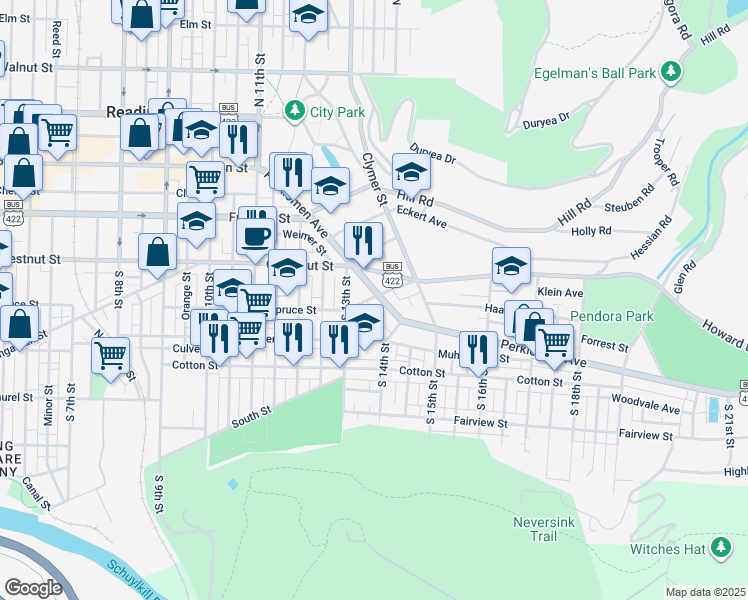 map of restaurants, bars, coffee shops, grocery stores, and more near 1342 Perkiomen Avenue in Reading