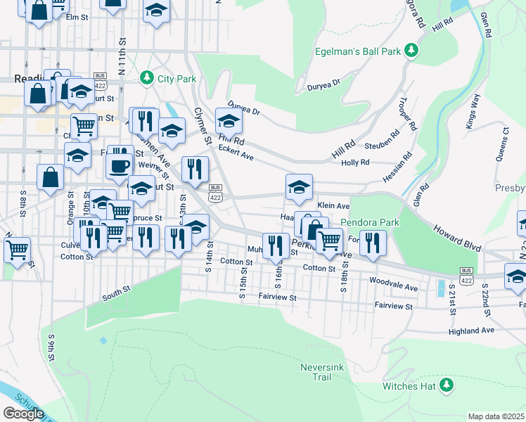 map of restaurants, bars, coffee shops, grocery stores, and more near 1534 Haak Street in Reading