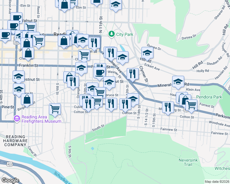 map of restaurants, bars, coffee shops, grocery stores, and more near 1229 Spruce Street in Reading