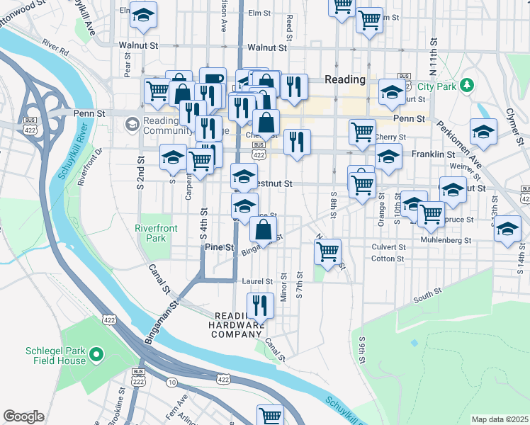 map of restaurants, bars, coffee shops, grocery stores, and more near 300 Pearl Street in Reading