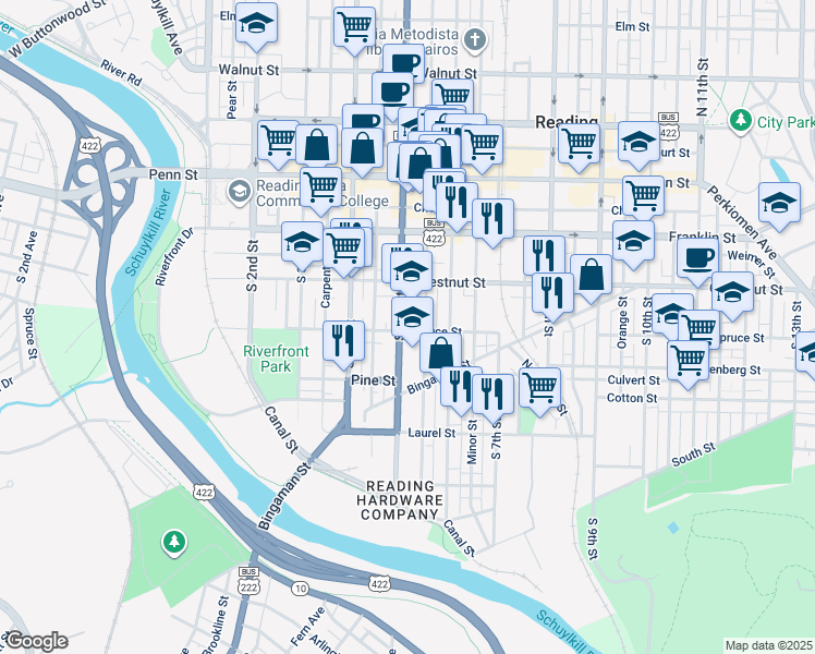 map of restaurants, bars, coffee shops, grocery stores, and more near 300 Pearl Street in Reading