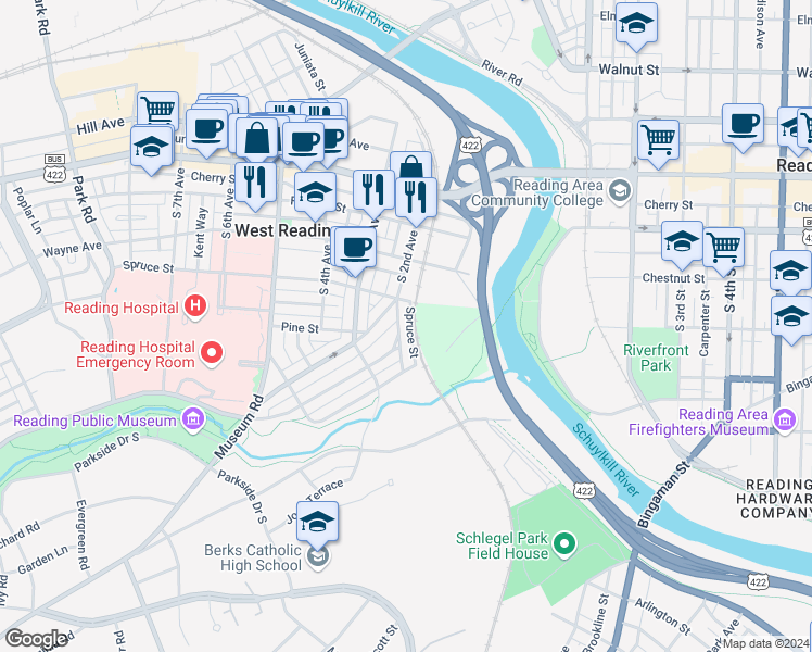 map of restaurants, bars, coffee shops, grocery stores, and more near 325 Linden Lane in Reading