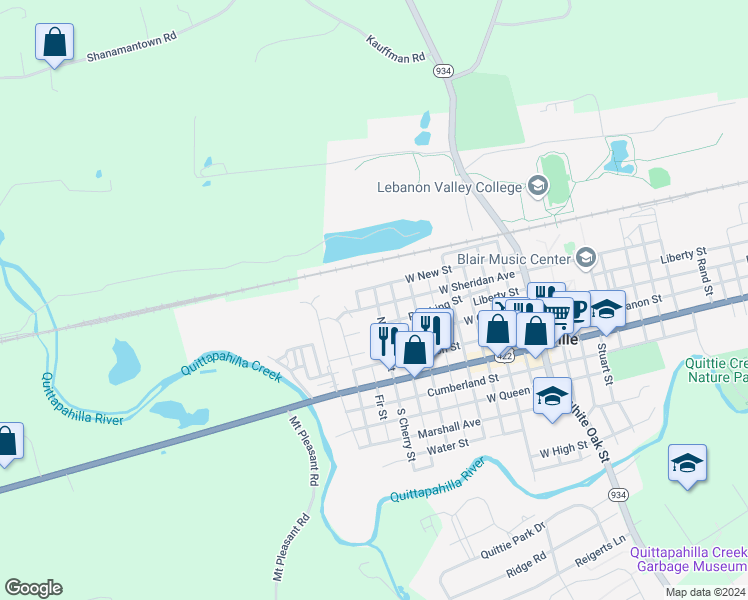 map of restaurants, bars, coffee shops, grocery stores, and more near 350 West Sheridan Avenue in Annville