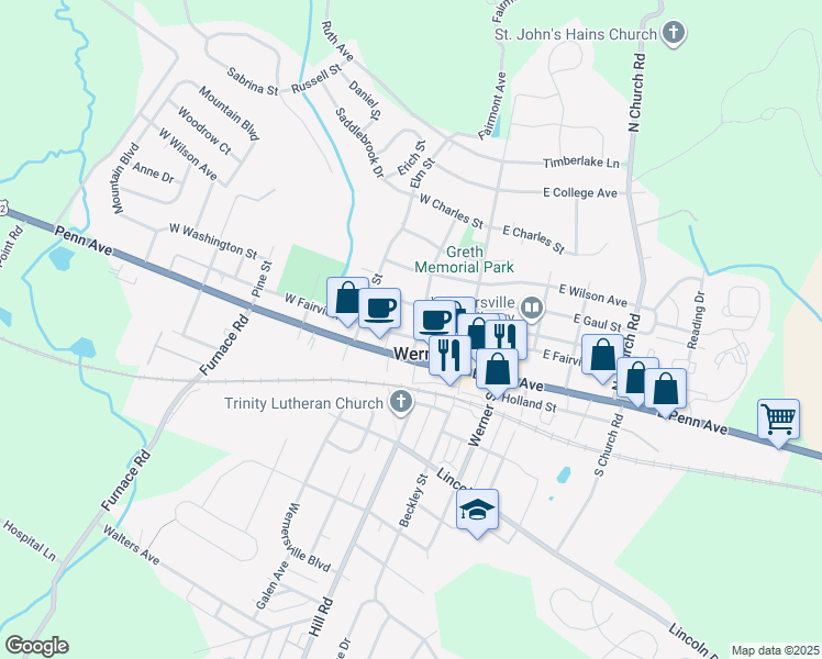 map of restaurants, bars, coffee shops, grocery stores, and more near 42 N Walnut St in Wernersville