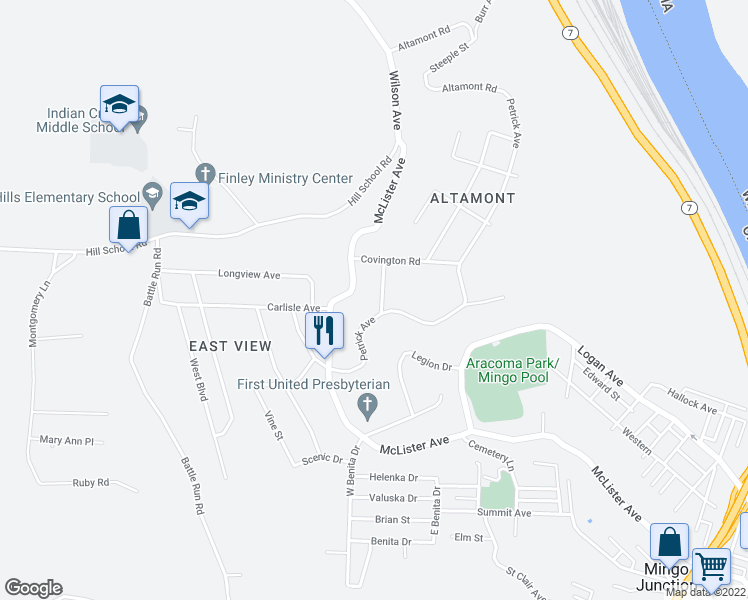 map of restaurants, bars, coffee shops, grocery stores, and more near 106 Cheryl Avenue in Mingo Junction