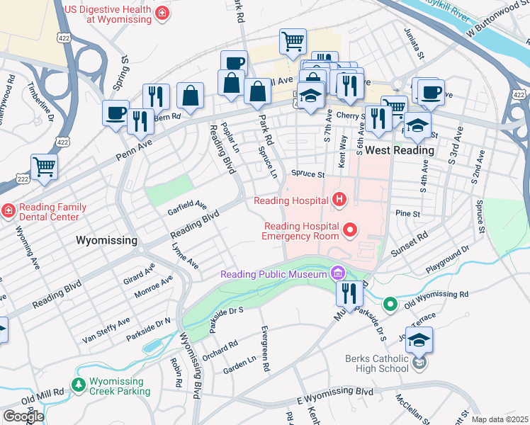 map of restaurants, bars, coffee shops, grocery stores, and more near in Wyomissing