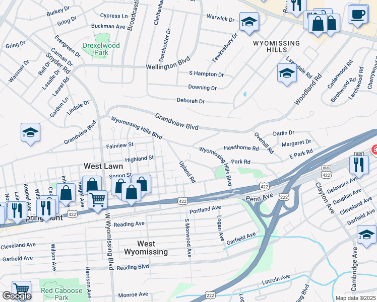 map of restaurants, bars, coffee shops, grocery stores, and more near 44 Wyomissing Hills Boulevard in Reading