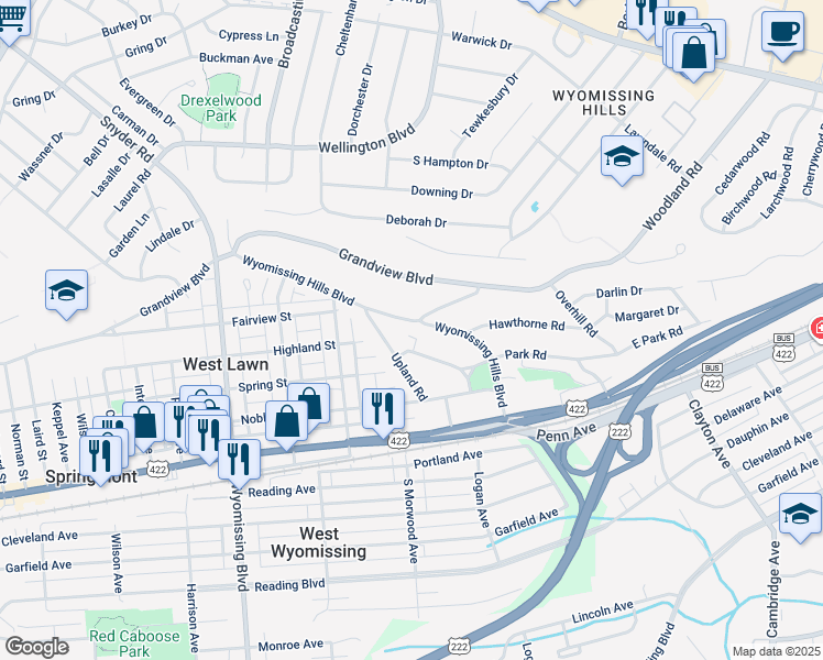 map of restaurants, bars, coffee shops, grocery stores, and more near 44 Wyomissing Hills Boulevard in Reading