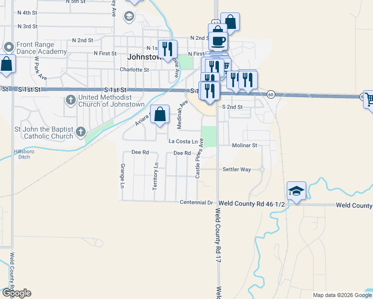 map of restaurants, bars, coffee shops, grocery stores, and more near 421 Heritage Lane in Johnstown