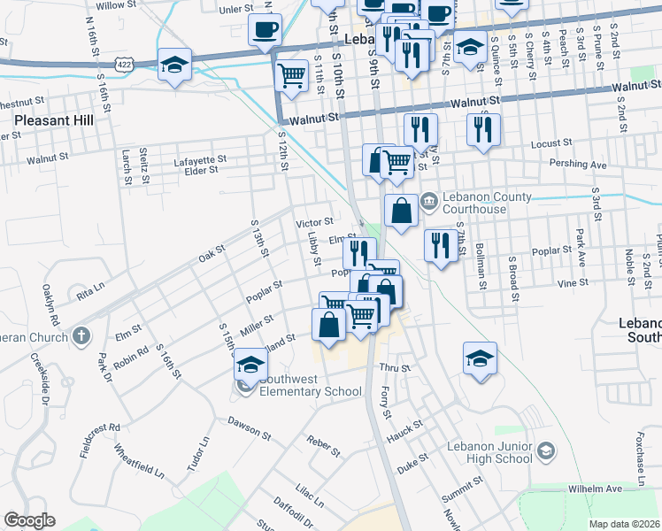 map of restaurants, bars, coffee shops, grocery stores, and more near 1101 Poplar Street in Lebanon