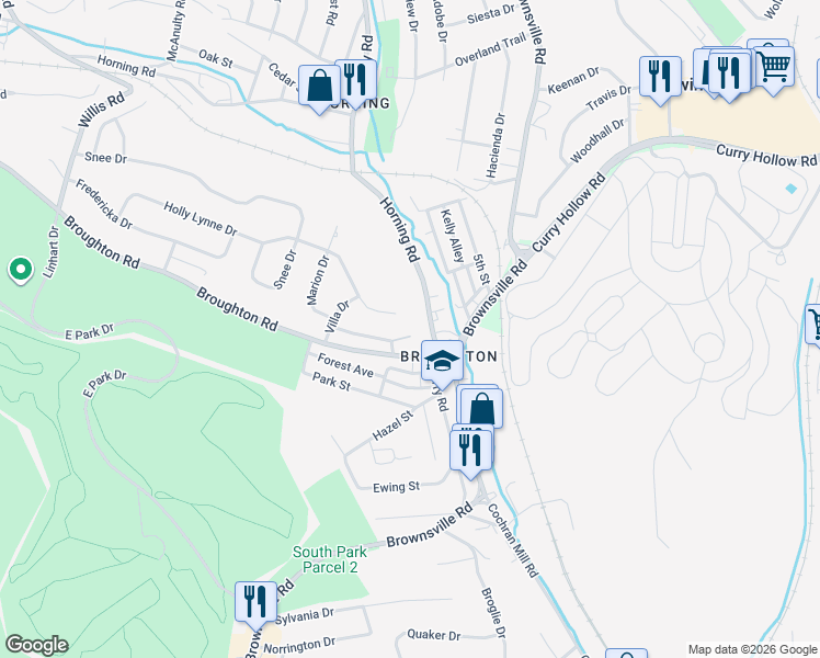 map of restaurants, bars, coffee shops, grocery stores, and more near 1201 Broughton Road in Pittsburgh