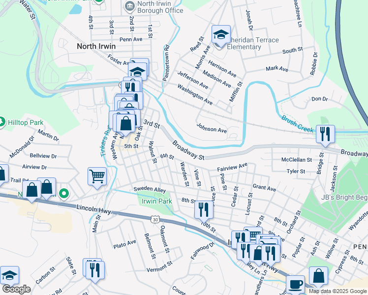 map of restaurants, bars, coffee shops, grocery stores, and more near 10409 Broadway Street in Irwin