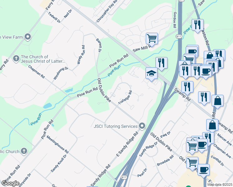 map of restaurants, bars, coffee shops, grocery stores, and more near 18 Kings Cross Circle in Doylestown