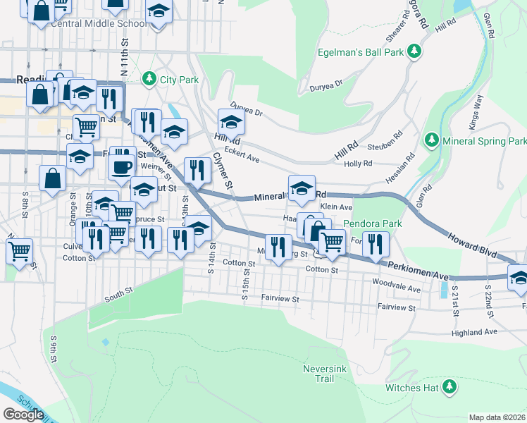 map of restaurants, bars, coffee shops, grocery stores, and more near 1534 Haak Street in Reading