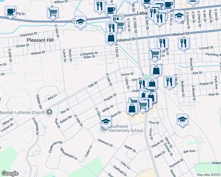 map of restaurants, bars, coffee shops, grocery stores, and more near 525 South 13th Street in Lebanon