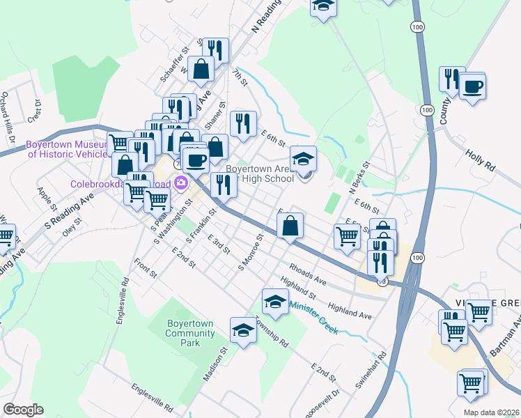 map of restaurants, bars, coffee shops, grocery stores, and more near 425 East Philadelphia Avenue in Boyertown
