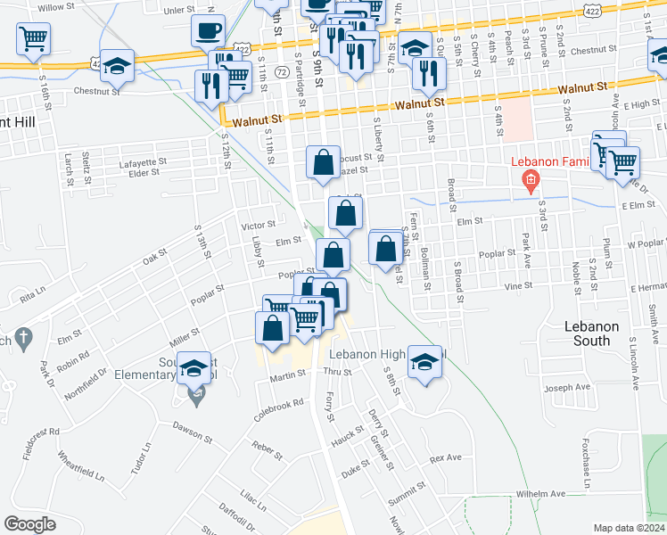 map of restaurants, bars, coffee shops, grocery stores, and more near 546 South 9th Street in Lebanon