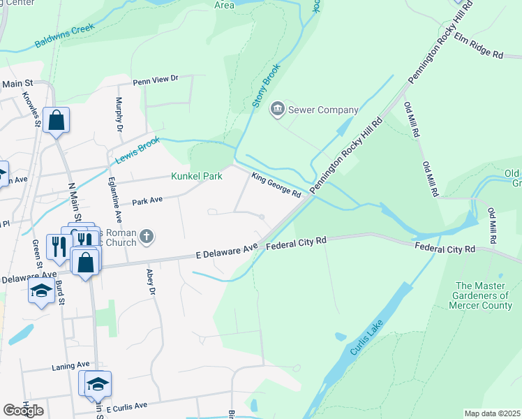 map of restaurants, bars, coffee shops, grocery stores, and more near 7 Chadwell Court in Pennington