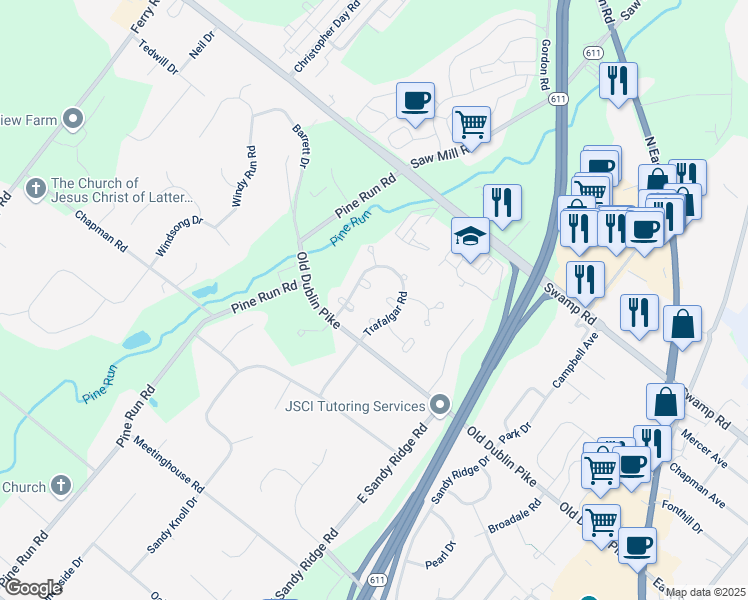 map of restaurants, bars, coffee shops, grocery stores, and more near 144 Queensbury Place in Doylestown