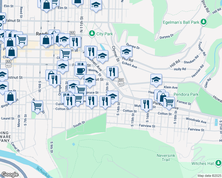map of restaurants, bars, coffee shops, grocery stores, and more near 1321 Spruce Street in Reading