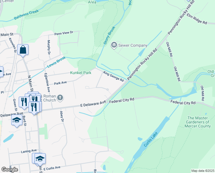 map of restaurants, bars, coffee shops, grocery stores, and more near 7 Chadwell Court in Pennington