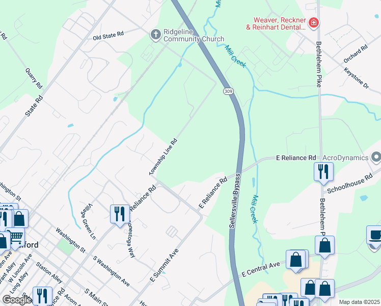map of restaurants, bars, coffee shops, grocery stores, and more near 112 Township Line Road in Telford