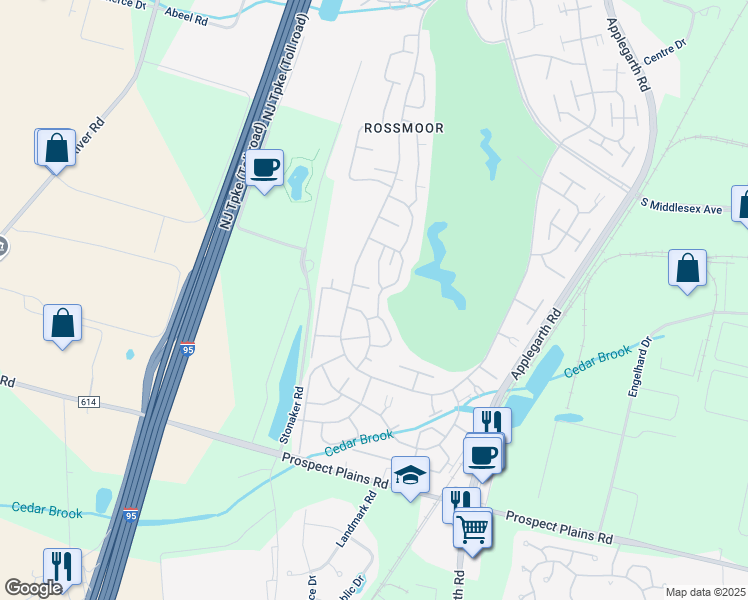 map of restaurants, bars, coffee shops, grocery stores, and more near 562B Springfield Way in Monroe Township