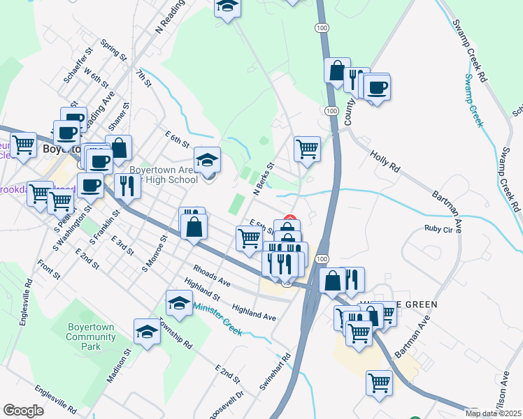 map of restaurants, bars, coffee shops, grocery stores, and more near 714 East 6th Street in Boyertown