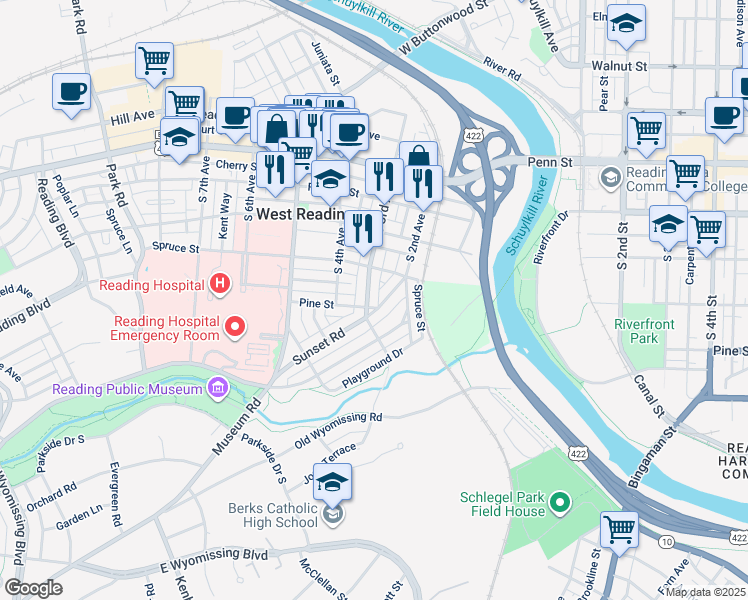 map of restaurants, bars, coffee shops, grocery stores, and more near 400 South 3rd Avenue in West Reading