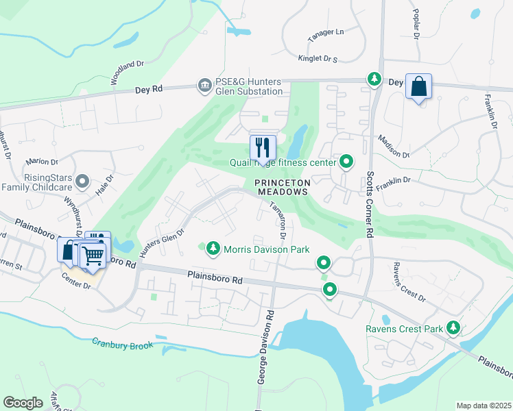map of restaurants, bars, coffee shops, grocery stores, and more near 8807 Tamarron Drive in Princeton Meadows