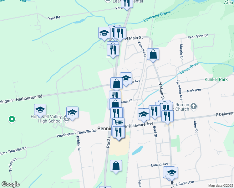 map of restaurants, bars, coffee shops, grocery stores, and more near 125 Broemel Place in Pennington