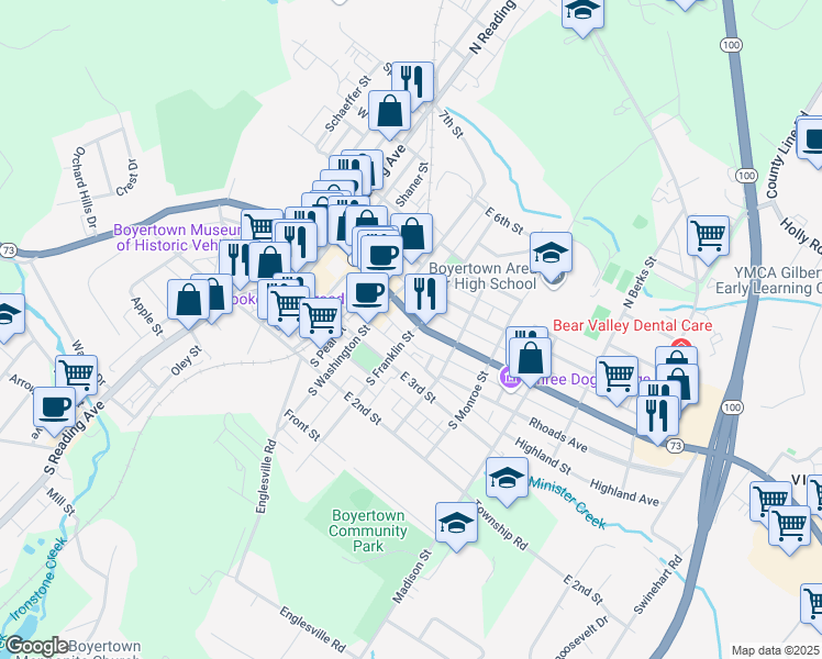 map of restaurants, bars, coffee shops, grocery stores, and more near 24 South Franklin Street in Boyertown