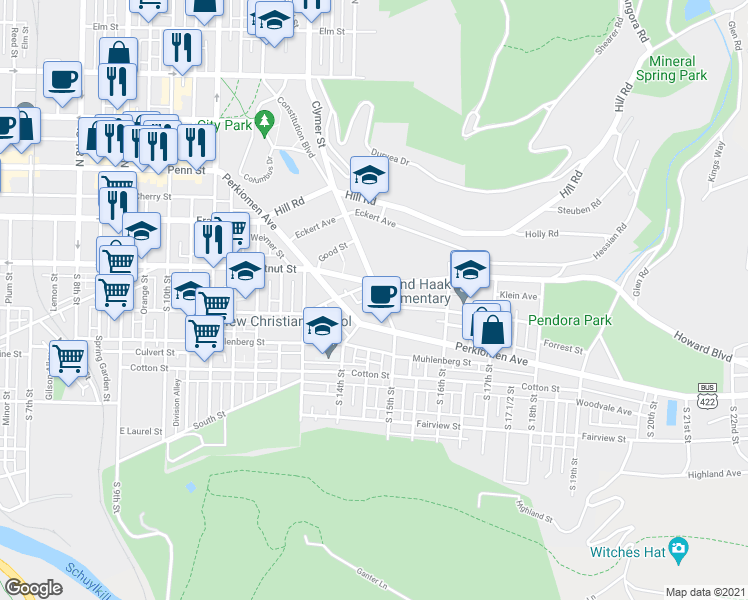 map of restaurants, bars, coffee shops, grocery stores, and more near 232 Clymer Street in Reading