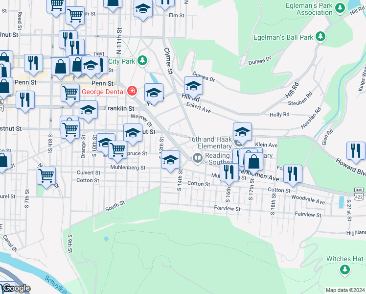 map of restaurants, bars, coffee shops, grocery stores, and more near 1374 Perkiomen Avenue in Reading
