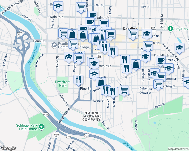 map of restaurants, bars, coffee shops, grocery stores, and more near 300 Pearl Street in Reading