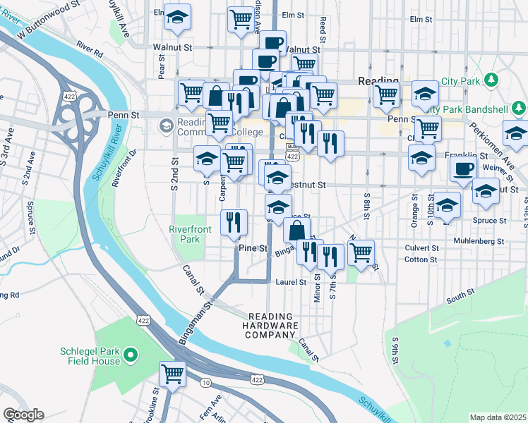 map of restaurants, bars, coffee shops, grocery stores, and more near 434 Spruce Street in Reading