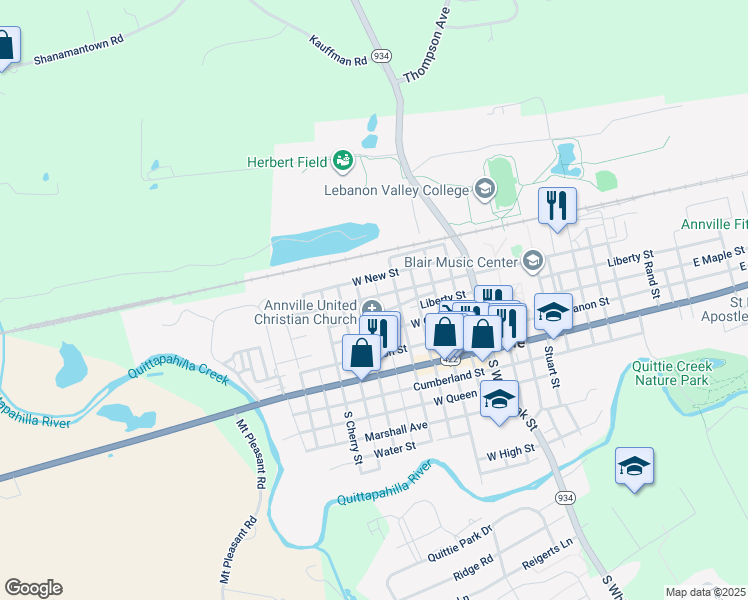 map of restaurants, bars, coffee shops, grocery stores, and more near 248 West Sheridan Avenue in Annville