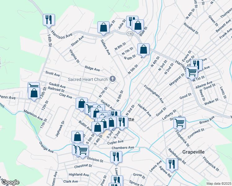 map of restaurants, bars, coffee shops, grocery stores, and more near 514 Scott Avenue in Jeannette