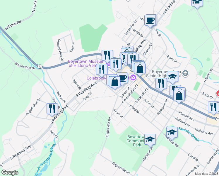 map of restaurants, bars, coffee shops, grocery stores, and more near 33 East 2nd Street in Boyertown
