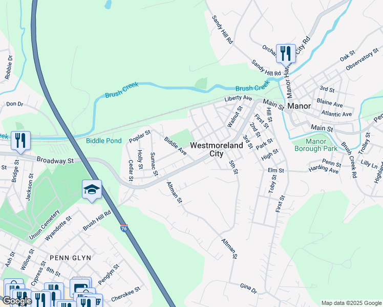 map of restaurants, bars, coffee shops, grocery stores, and more near 8873 Broadway Street in Westmoreland City