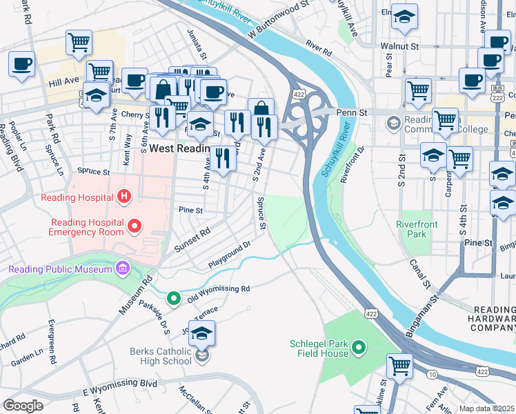 map of restaurants, bars, coffee shops, grocery stores, and more near 321 Linden Lane in West Reading