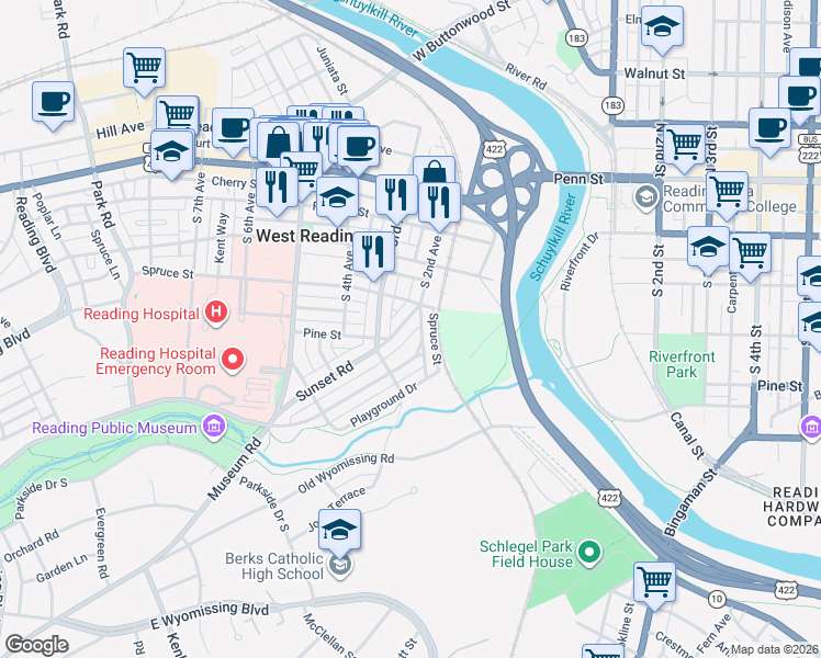 map of restaurants, bars, coffee shops, grocery stores, and more near 212 Sycamore Road in West Reading