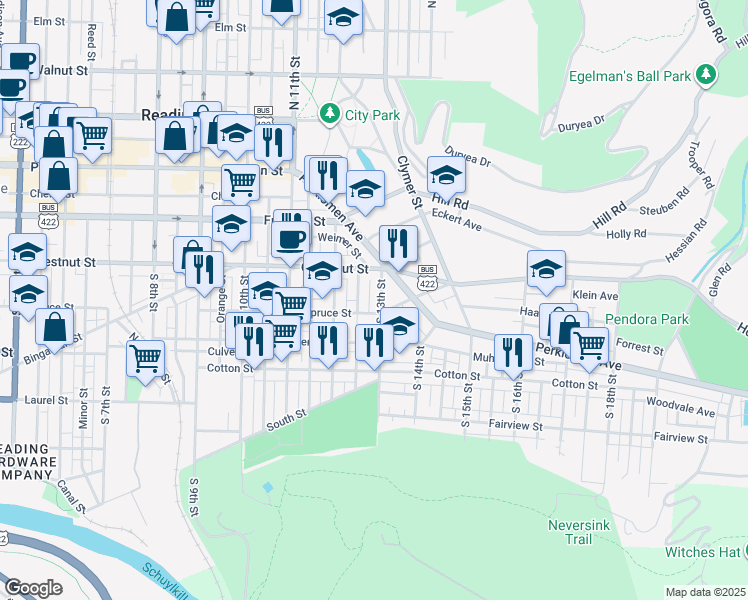 map of restaurants, bars, coffee shops, grocery stores, and more near 1312 Spruce Street in Reading