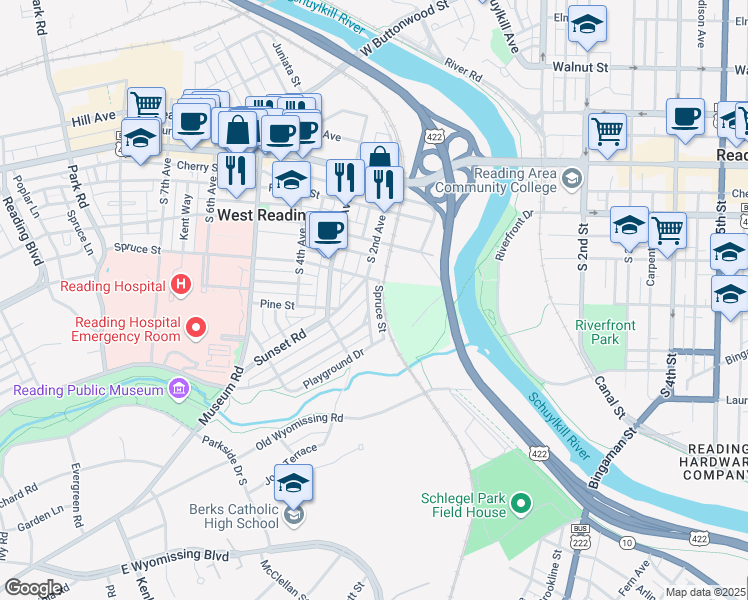 map of restaurants, bars, coffee shops, grocery stores, and more near 321 Linden Lane in West Reading