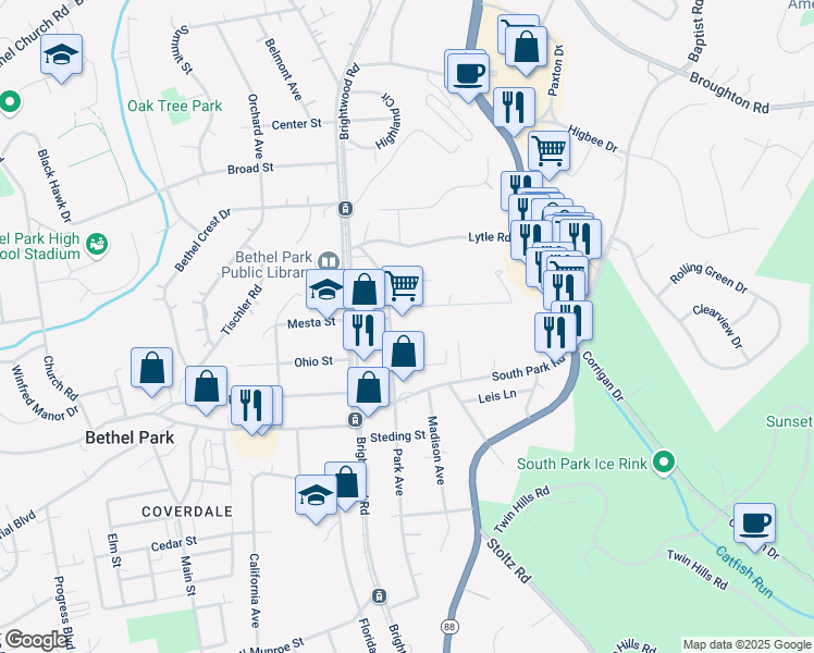 map of restaurants, bars, coffee shops, grocery stores, and more near 5151 Park Avenue in Bethel Park